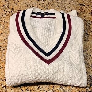 Mens Brooks Brothers XL white/creme vneck sweater maroon black stripes